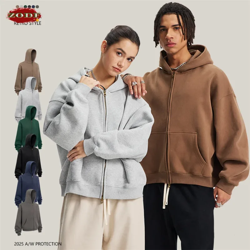 Trendy 2025 Winter Man Solid Fleece Boxy Hoodies Unisex 350gsm Dubbele Hoofd Rits Hoody Jas HY1122 — image 3
