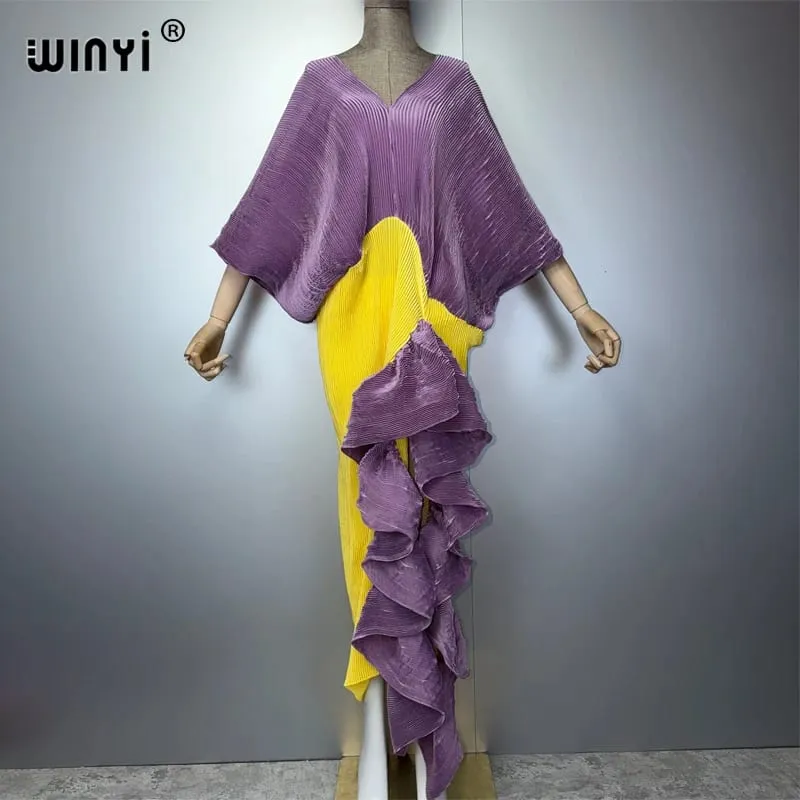 Novo vestido plissado fino de garfo alto para mulheres moda praia cover-up muçulmano kaftan abaya dubai vestido de noite longo de luxo