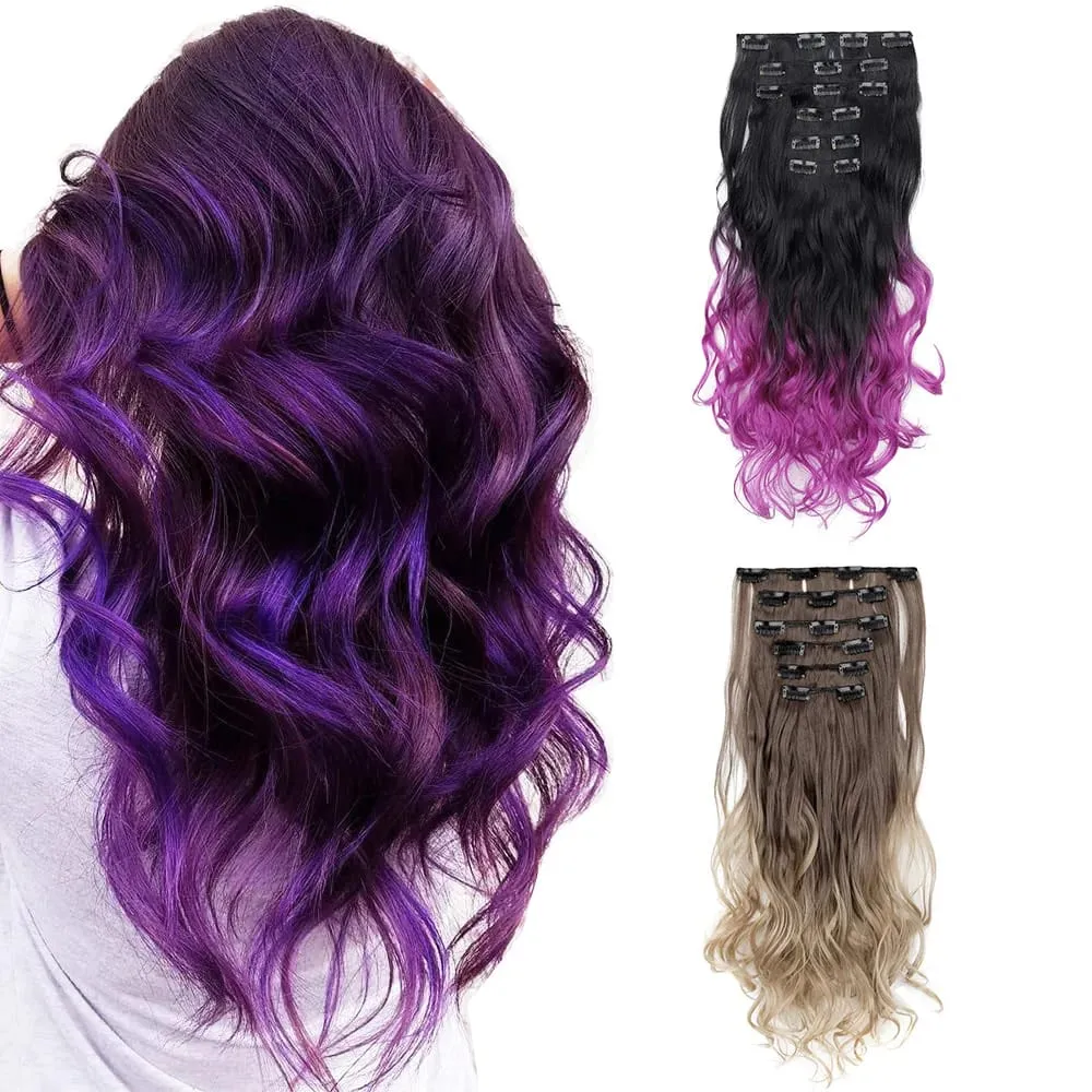 คลิปในส่วนขยายของผม 6PCS Hairpiece 20 นิ้วยาวหยักสังเคราะห์หนา Double Weft ผมสำหรับผู้หญิงสีไล่ระดับสีทุกวันใช้