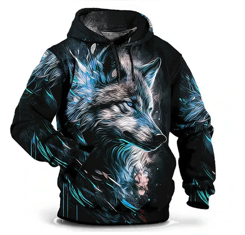 Moda wzór wilka męskie bluzy z kapturem z długim rękawem Street Hip Hop 3d nadruk zwierzęcy bluzy z kapturem 6XL Plus rozmiar codzienna bluza z kapturem