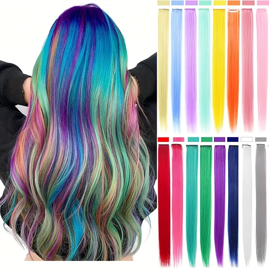 5pcs/set Colorful Clip In Synthetic Hair Extension Rainbow Long Straight Hairpieces For Women Girl Kids Y2K Style Daily Party