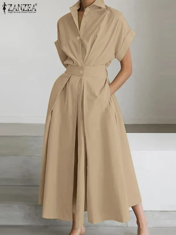 Elegant Chic Women Long Dresses Casual Short Sleeve Collared High Waisted Casual & Day Shirt Dress Solid Color S-3XL