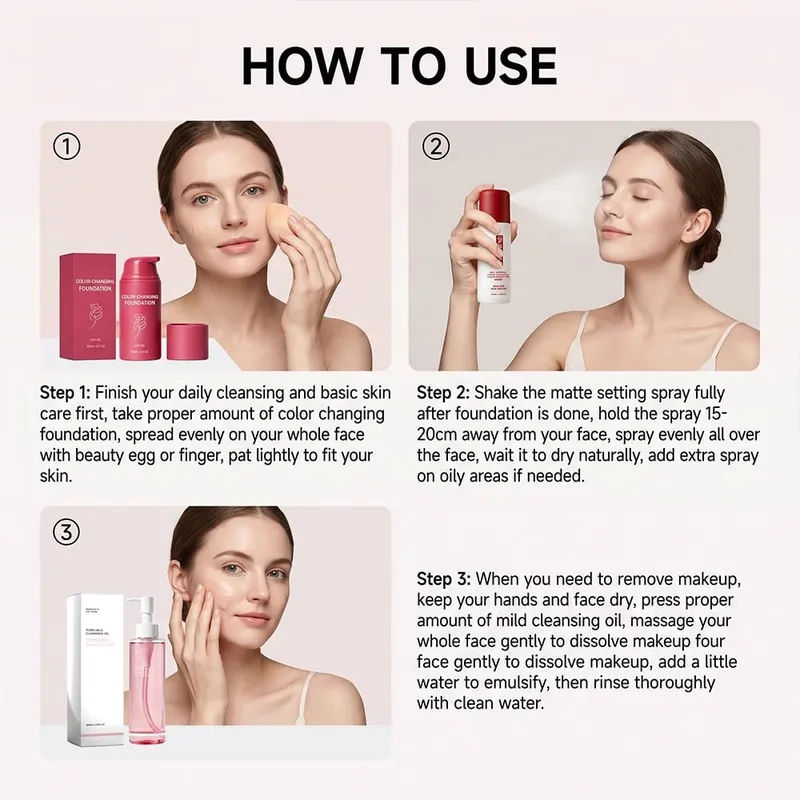 3-in-1 Makeup Kit Cleansing Oil Setting Spray Foundation Matte Long-Lasting Gentle Hydrating Natural Finish Daily Set