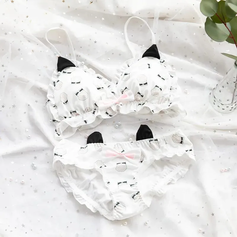 Japansk mjuk tjej-bh-set söt kattunge tassdesign mjölk sidentyg trådfri triangulär kupa damunderkläder