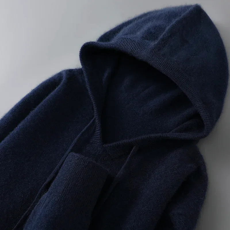 DjzDsm Herbst-Winter-Herrenpullover aus 100 % Merinowolle, dicker Kapuzenpullover, weiche Strickwaren, lässige, bequeme Wollkleidung, Oberteile