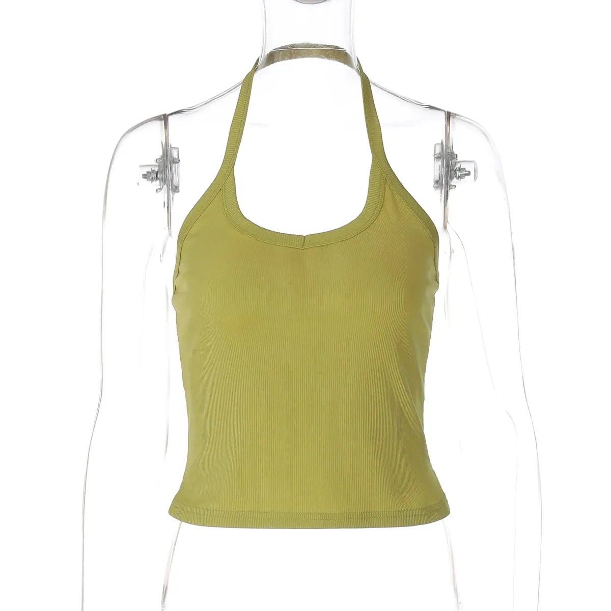 Hugcitar 2026 Summer Ribbed Halter Backless Solid Sexy Crop Tank Top Casual Y2K Women Clothes Beach Vacation Streetwear Yoga