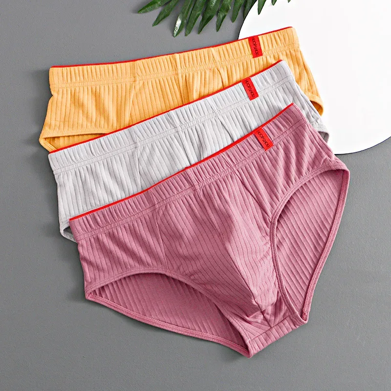 1/3 pçs cuecas masculinas meados de cintura elástica macia respirável anti-séptico u convexo listrado cor sólida casual cuecas masculinas