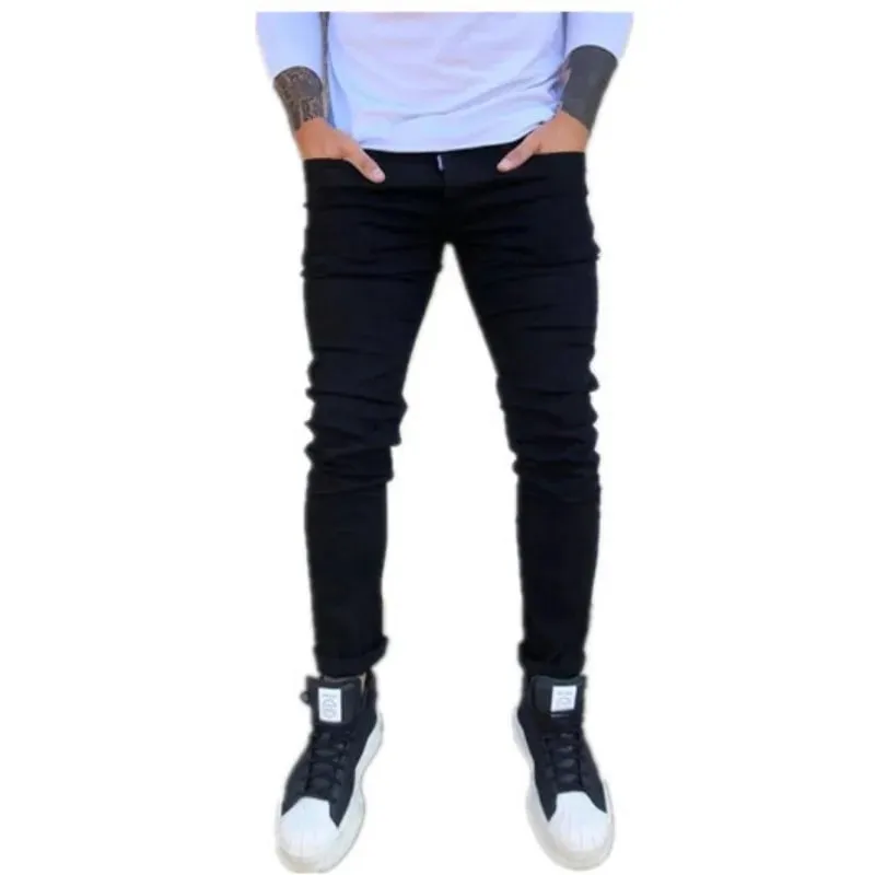 Spring Autumn New Black Stretch Men's Jeans Slim Small Feet Casual Simple Solid Color Male Skinny Denim Trousers Streetwear