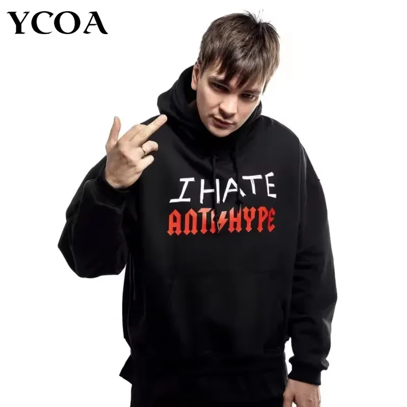 Men's Hoodies I HATE ANTIHYPE Letter Harajuku Oversized Pullover Print Sweatshirt Hip Hop Fashion Y2k Long Sleeve Tops Clothing