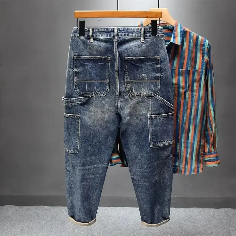 Heavy Trendy 2025 Brand Tooling Multi-pocket Jeans Men's Trend Loose Retro Small Feet Harlan Patchwork Cargo Straight Pants