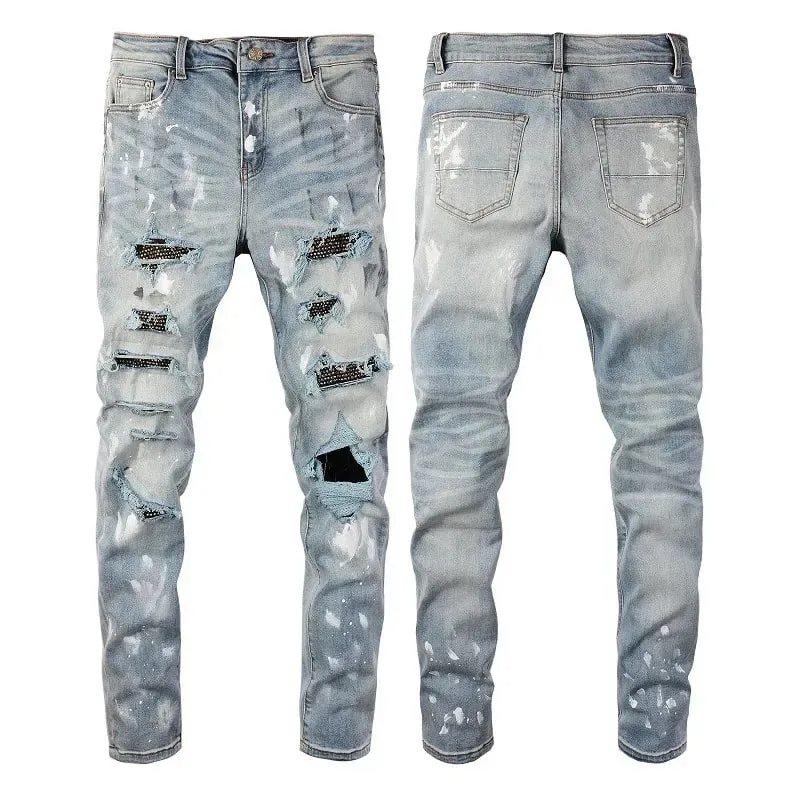 Blue High Street Holes Transparent Crystals Patchwork Stretch Slim Fit Rhinestones Patches Distressed Ripped Graffiti Jeans Men