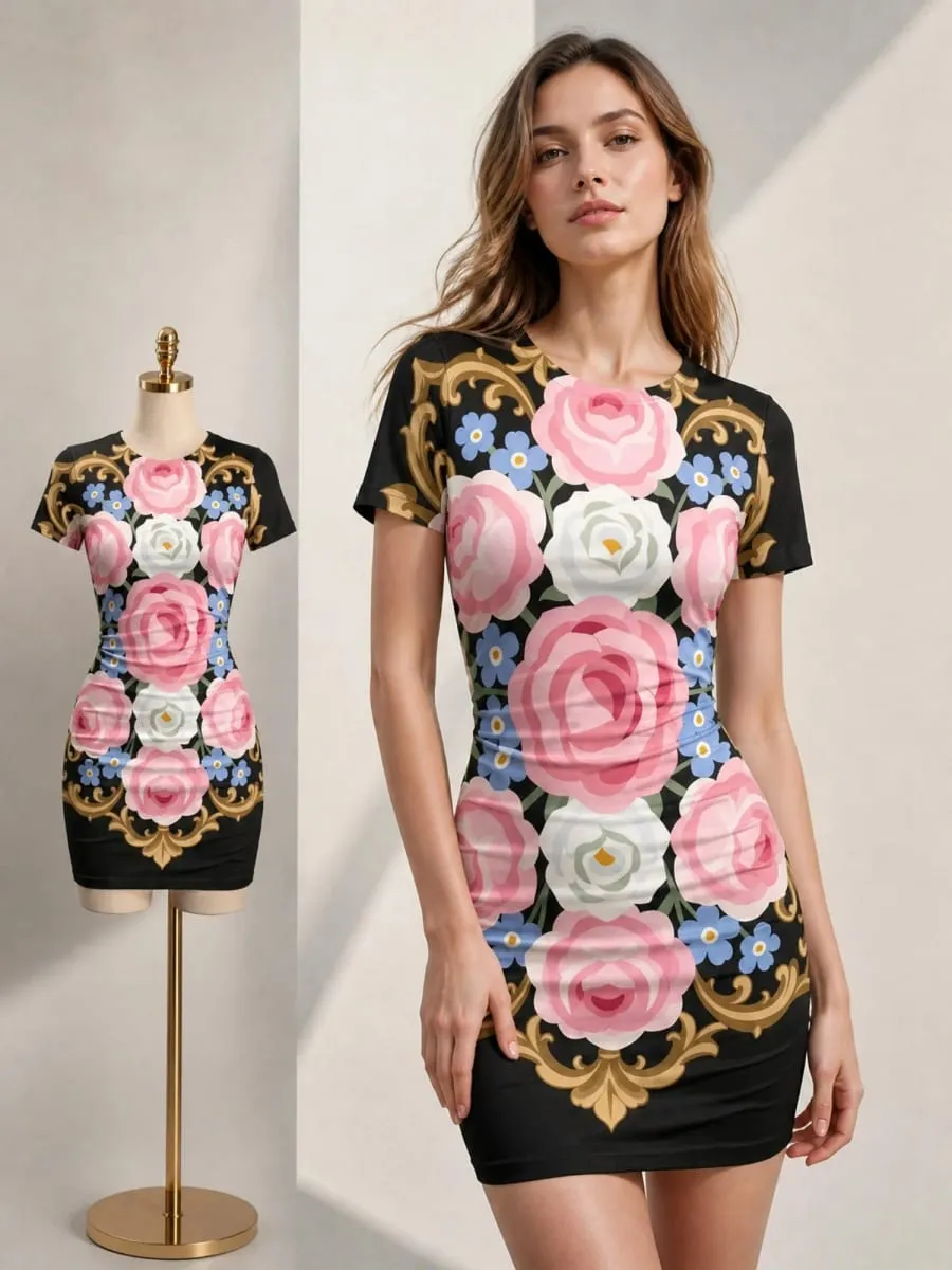 Mulheres manga curta bodycon mini vestido fino ajuste tripulação pescoço floral impressão casual festa de verão bonito elegante suave férias vestido de verão — image 2