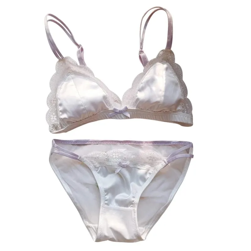 Set intimo sexy per ragazza in raso di nicchia con piccolo petto in pizzo estivo con coppa a triangolo, confortevole lingerie da donna senza fili
