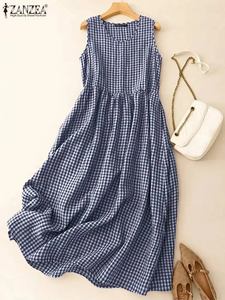 Summer Plaid Checked Sundress Sleeveless Bohemain Holiday Dresses Women Elegant O Neck Dress Casual Baggy Work Vestidos