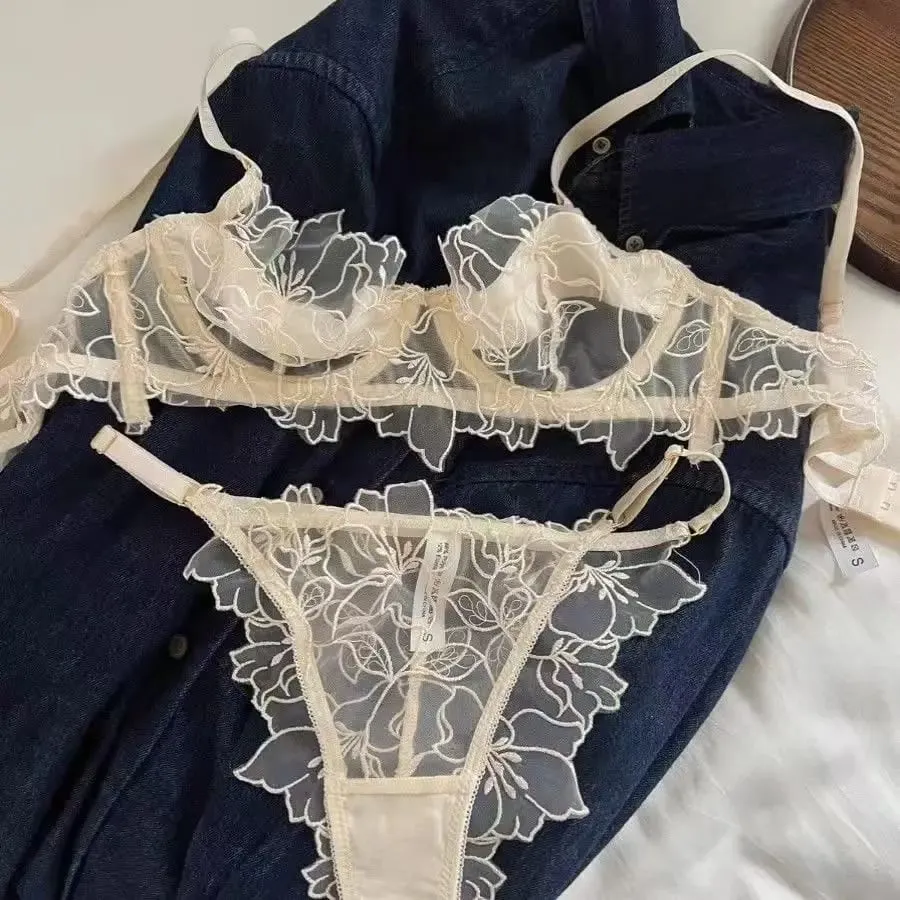 Sexy leichtes Spitzen-BH-Set, weicher Bügel für Hebung und Unterstützung, verhindert Durchhängen, exquisites, besticktes, zweiteiliges Dessous-Set