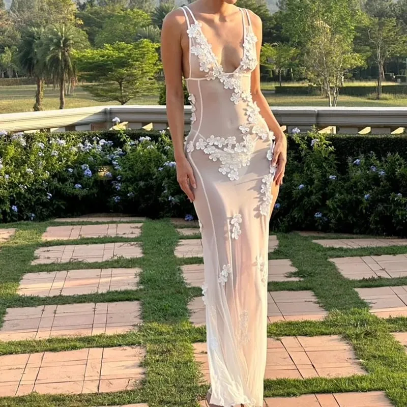 Women Sexy Party Night Backless V Neck Split Cocktail Dress 90s Vintage Floral Sheer Mesh Long Dress Chic Boho Beach Cover-ups