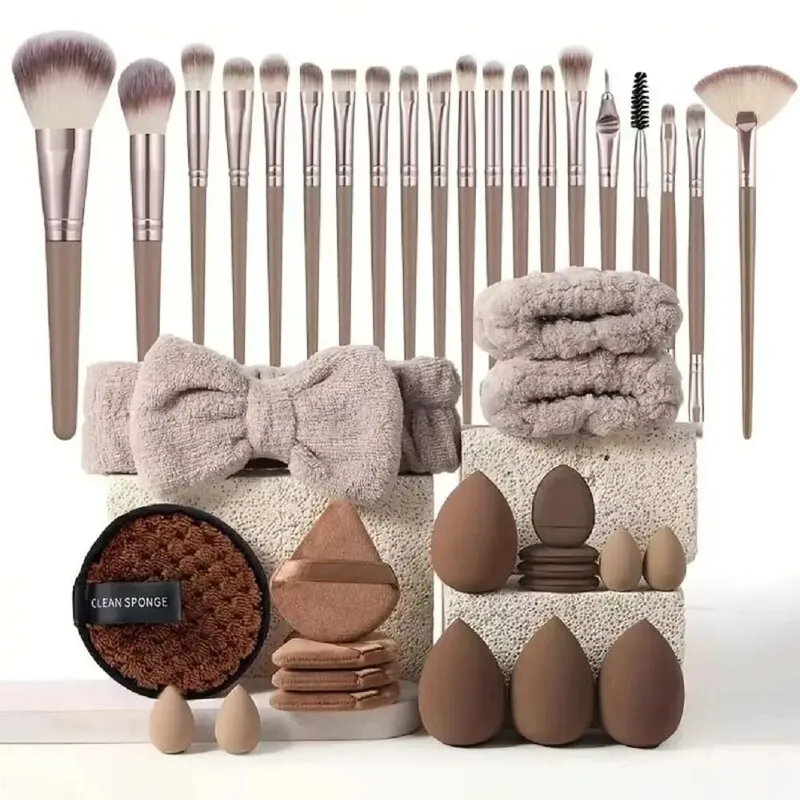 20/40Pcs Makeup Brushes and Sponges Set Brown Makeup Puff Beauty Egg Headband Wristband Remover Kit Makeup Tool Gift