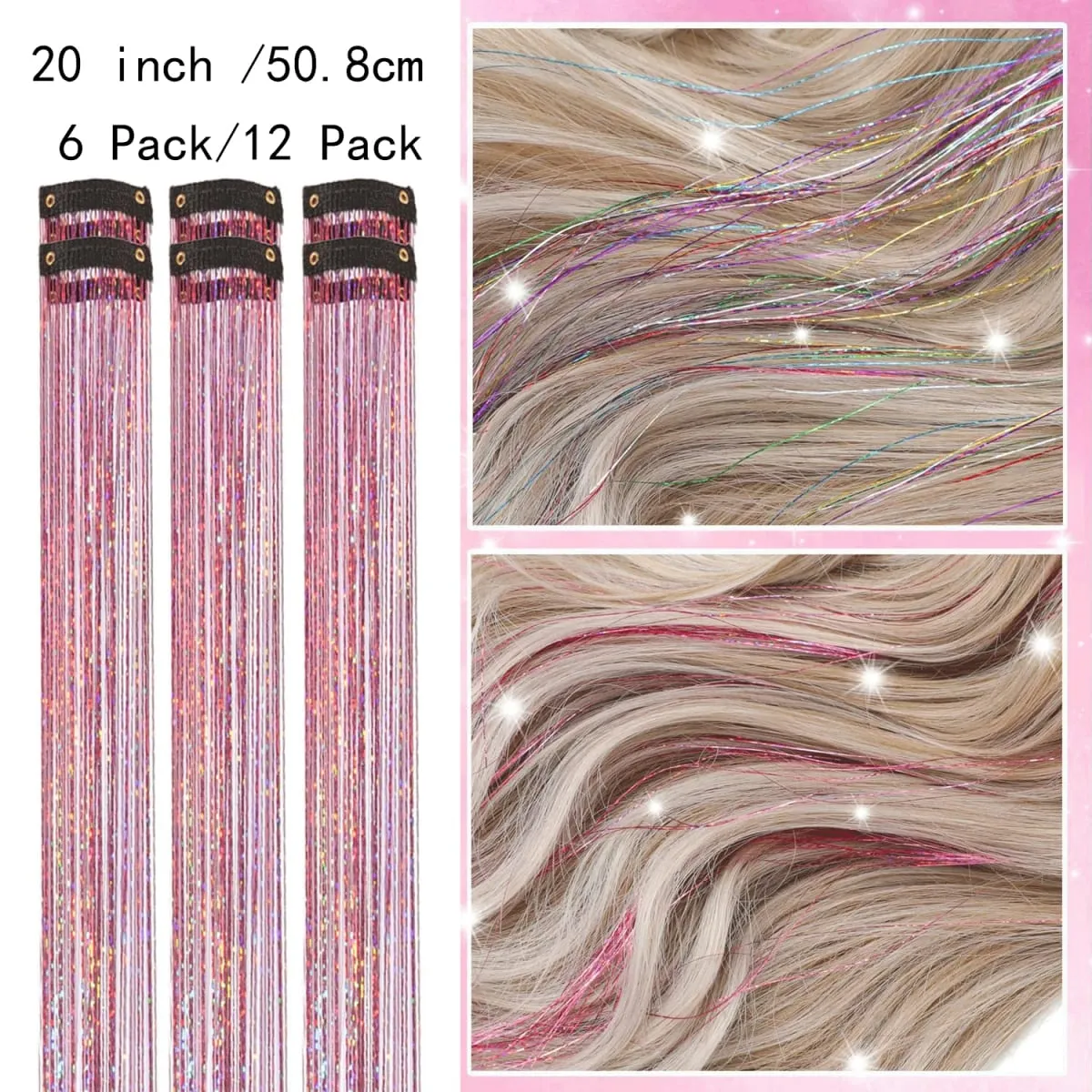 6/12Pas Synthetic Hair Tinsel Clip in 20Inch Glitter Tinsel Hair Clip in Hair Tinsel Kit Heat Resistant Shiny Sparkle Fairy Hair — image 4