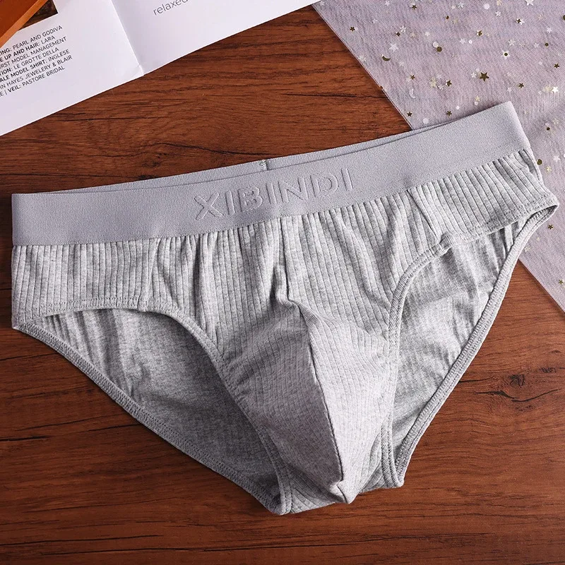 4-Piece Men's Cotton Ribbed Briefs Set - "XIBINDI" Embossed Waistband Underwear (Blue/White/Gray/Pink)