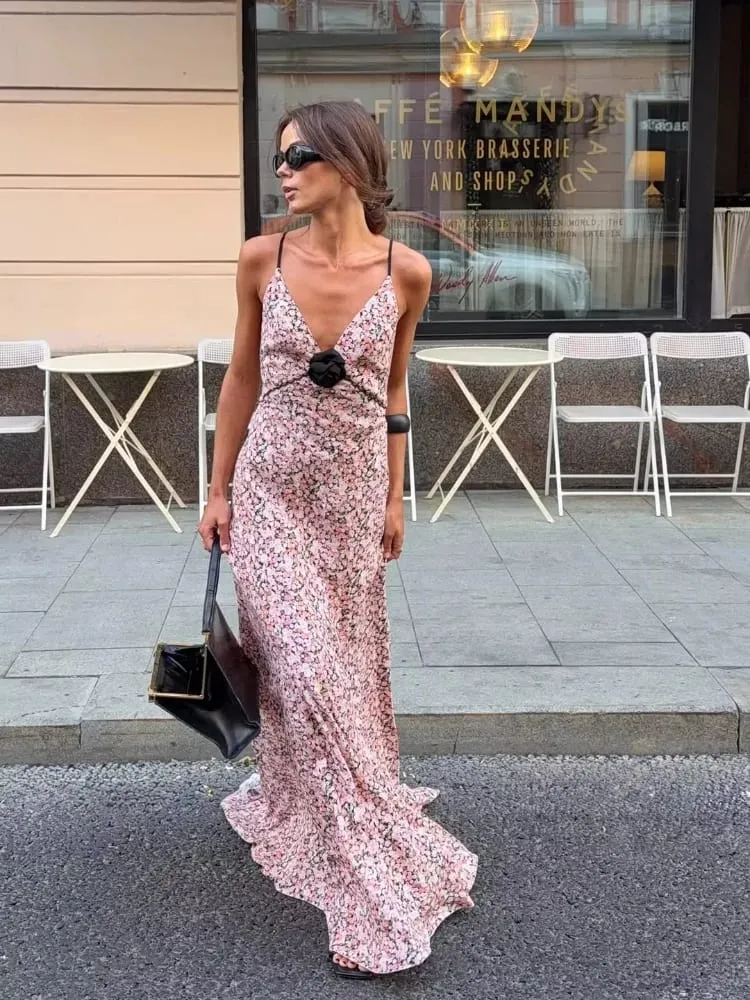 Pink Floral Printed Sling Maxi Dress Spaghetti Strap Deep V Neck Front Black Rose Detail Ruffle Hem Lady Street Vacation Dresses — image 2
