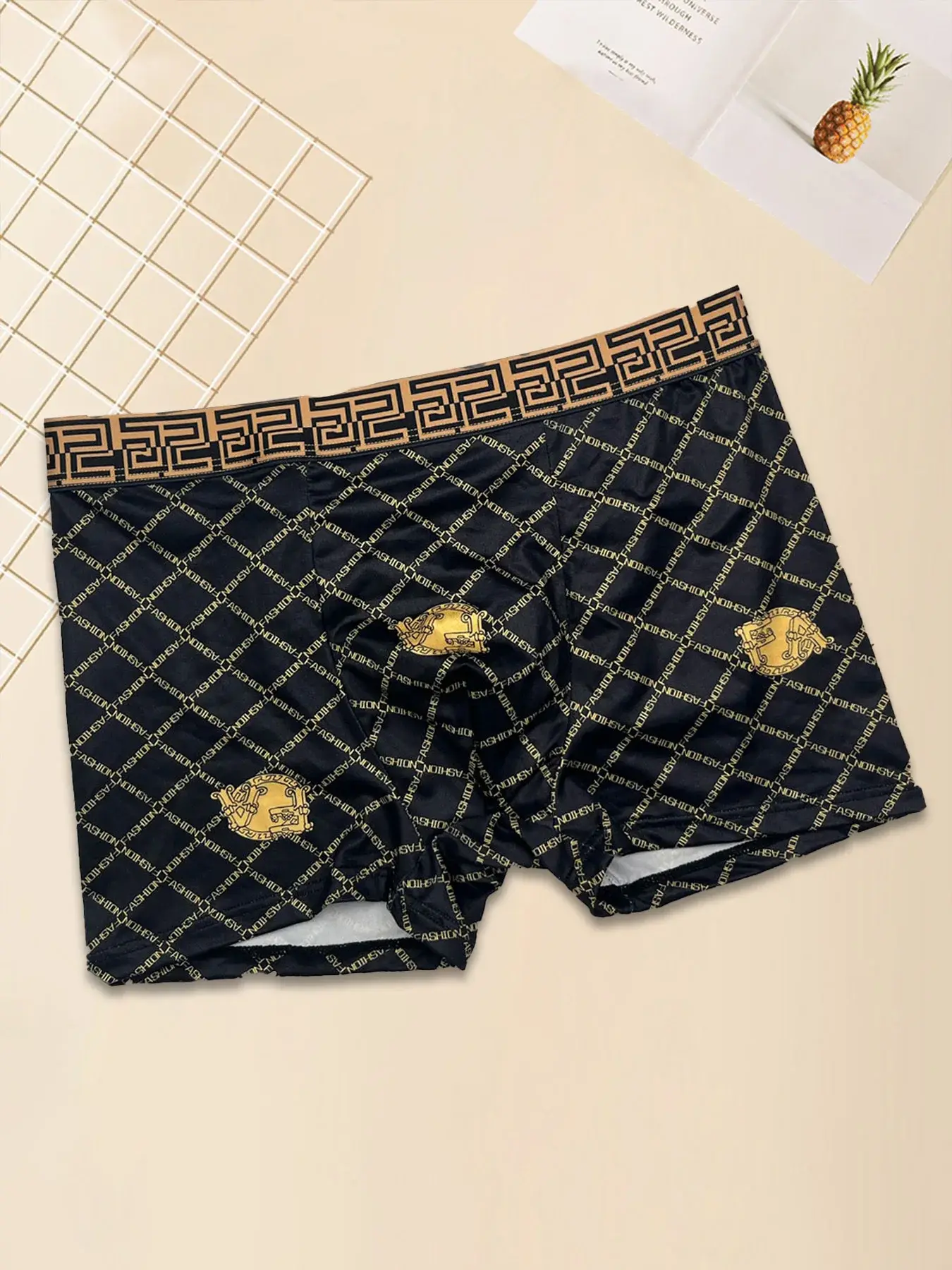 Men's 4PCS Luxury Printed Flat Corner Underwear Gold Belt Luxury Soft Breathable Comfortable Underwear Youth Boxing Pants