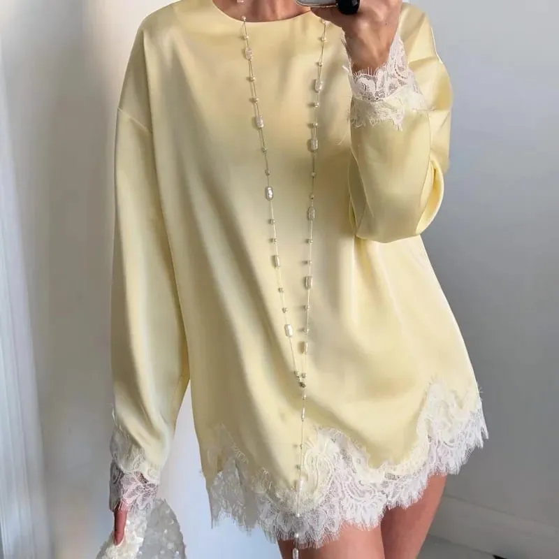 Satin Lace Patchwork Dress Women Long Sleeve O-neck Casual 2026 Spring Female Dresses Casual Solid Beach Robe Not Contain Pearls