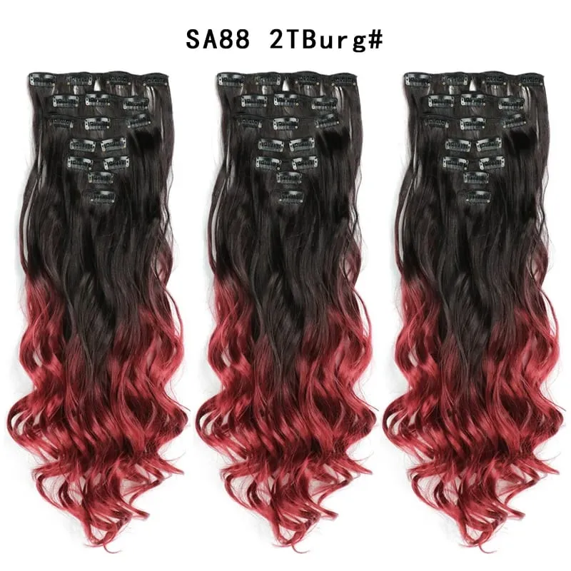 Clip in Long Wavy Synthetic Hair Extension 22 Inch Black 7PCS Thick Hairpieces Fiber Double Weft Hair for Women