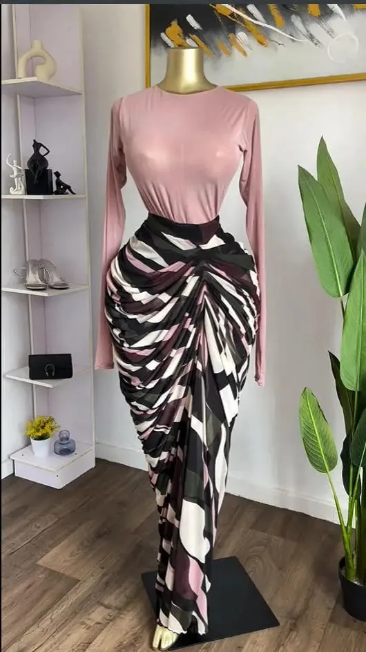CM.YAYA Gaun Panjang Maxi Midi Bodycon Ruched Bertumpuk Tambal Sulam Bergaris Pewarna Dasi Wanita Gaun Prom Liburan Pendidikan Musim Gugur Musim Dingin