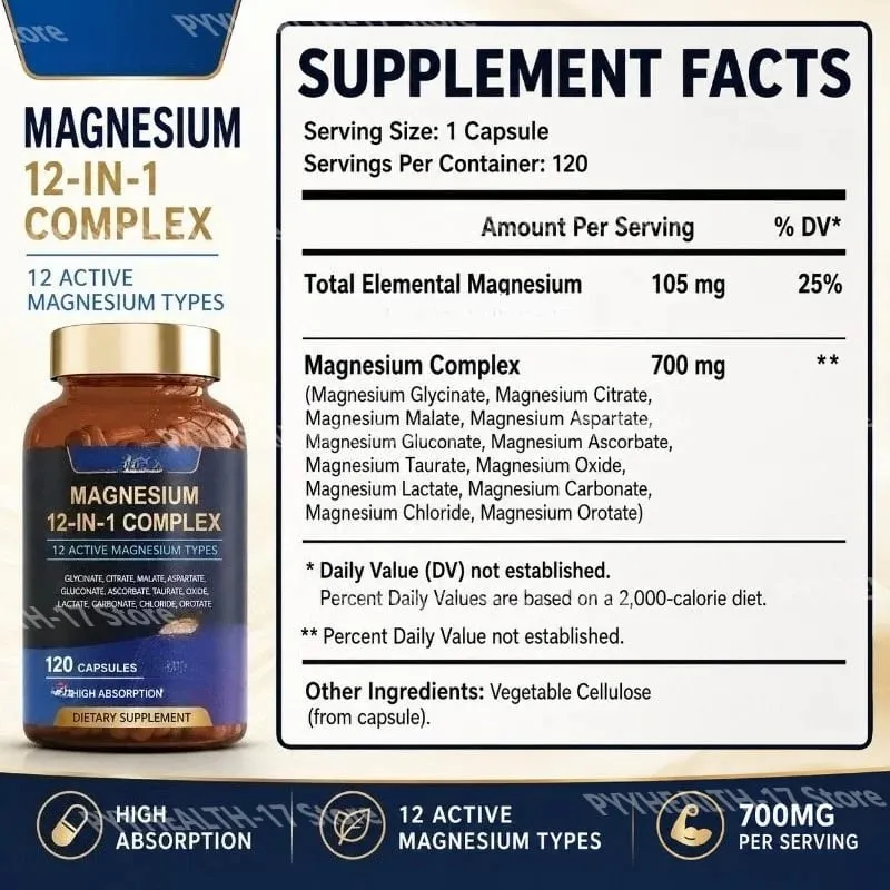 Viên Nang Phức Hợp Magie 12 Trong 1 12 Loại Magie Hoạt Tính Dạng Glycinate Citrate Hấp Thụ Cao 120 Viên