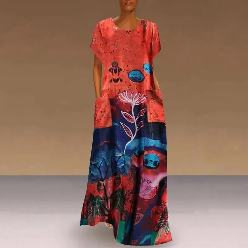 Spring Summer Long Dresses For Women New Floral Printing Short Sleeve Pockets Round Neck Casual Elegant Loose Female's Vestidos