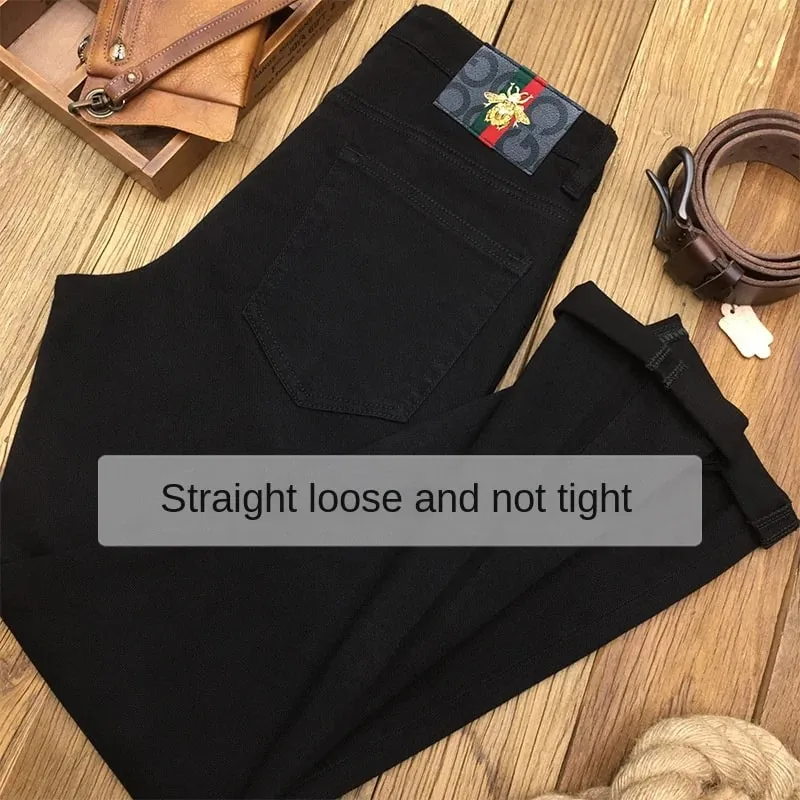 High-End Pure Black Straight Jeans Men's Spring and Autumn Fashion All-Matching Business Classic Stretch Casual Trousers