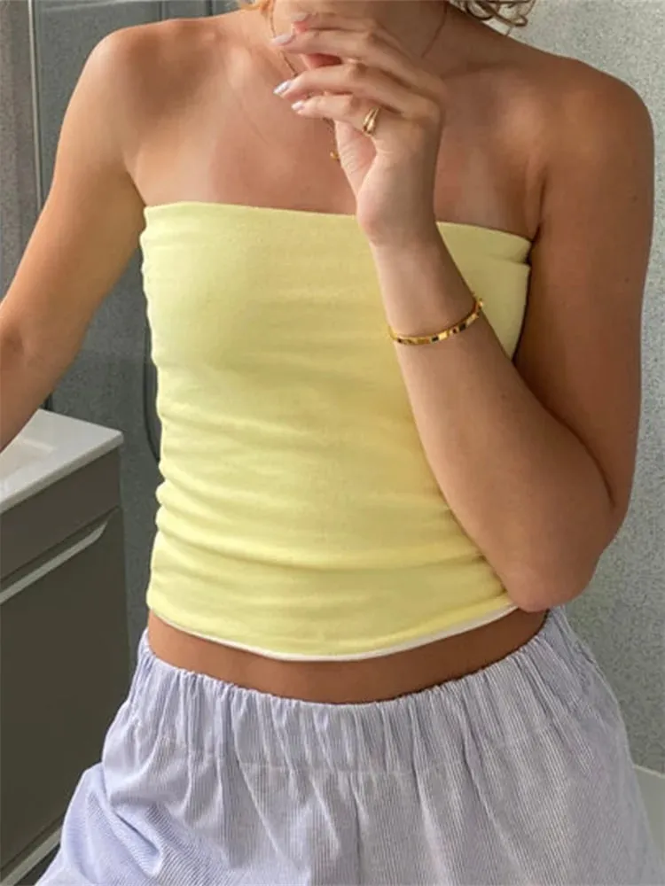 Women Cropped Tube Tops Strapless Off Shoulder Backless Short Tank Summer Party Club Striped/Solid Mini Vest 2024 New