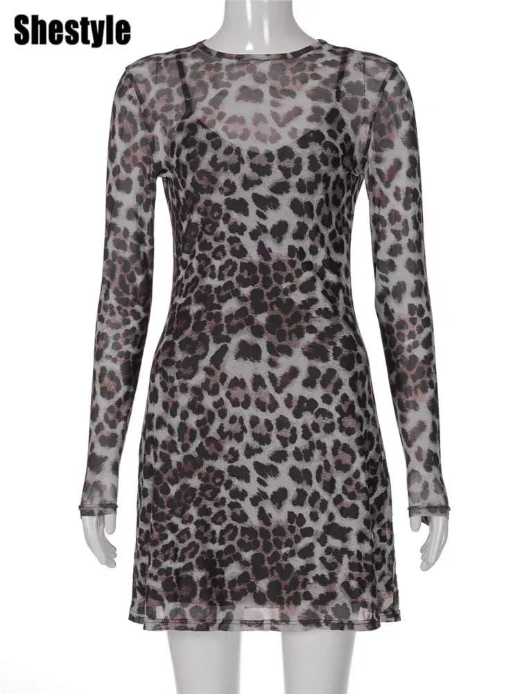 Shestyle leopardo Sexy A-Line vestido mujeres conjuntos de dos piezas malla transparente moda extremadamente caliente High Street Animal Print elegante