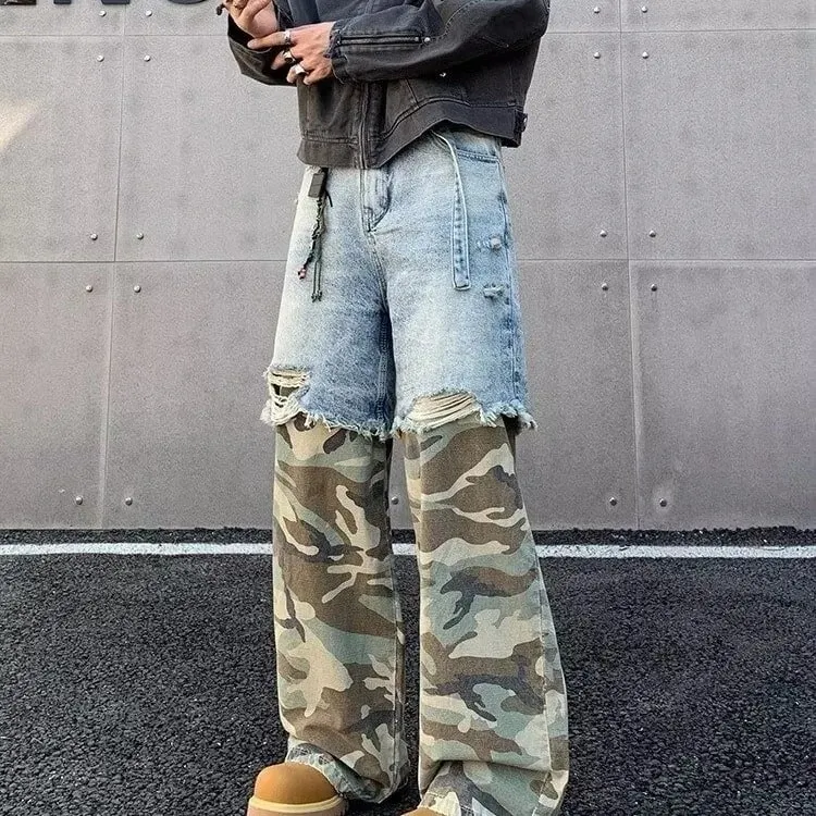 Street Patchwork Ripped Camouflage Jeans Baggy Fake Two-piece Washed Denim Trousers Vintage Y2K Camo Cargo Straight Jean Man