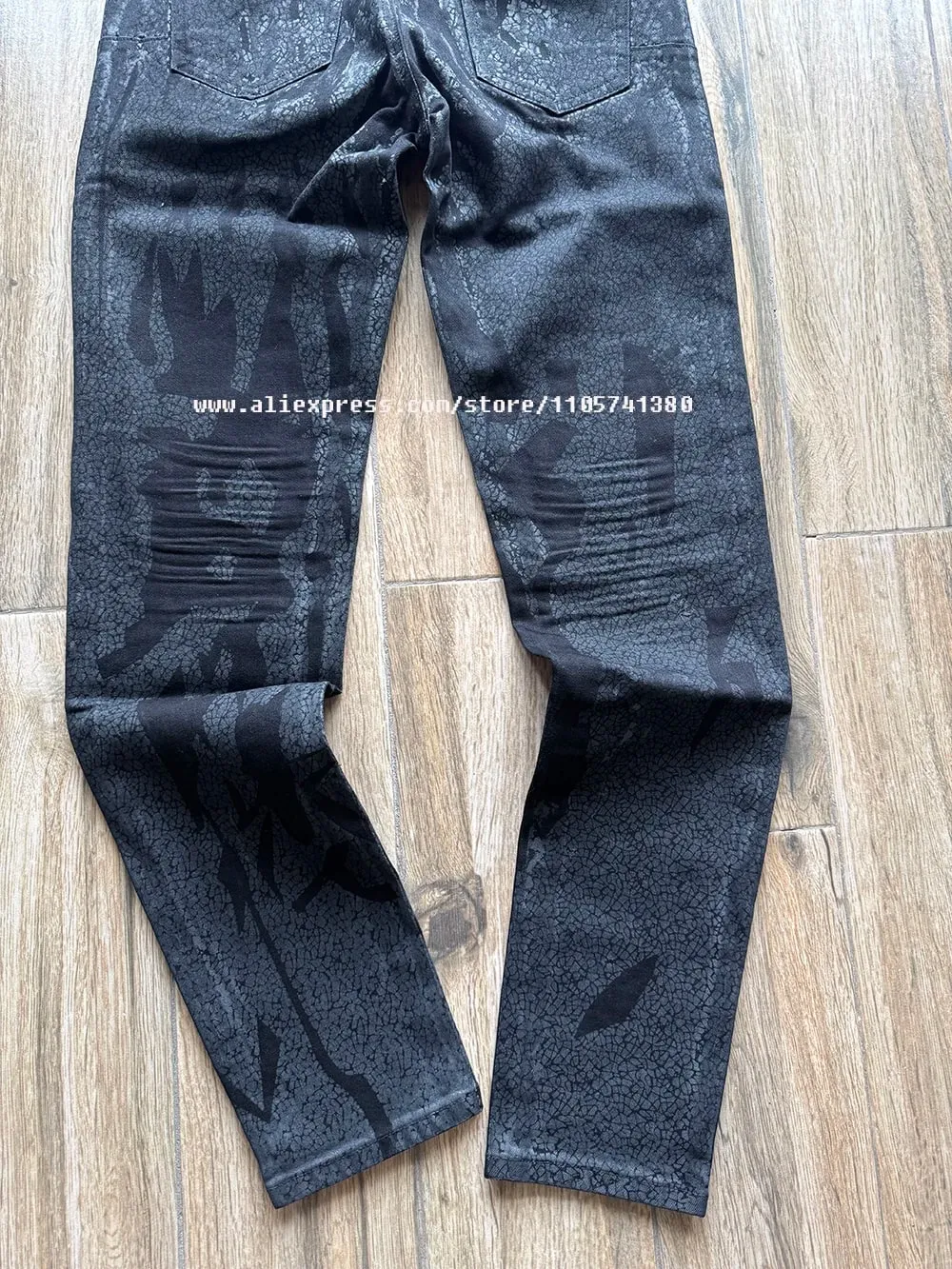 Men's High Street American Fashion Distressed Black Crackle Paint Foil Stretch Skinny Button Fly Ripped Jeans Pants — image 6