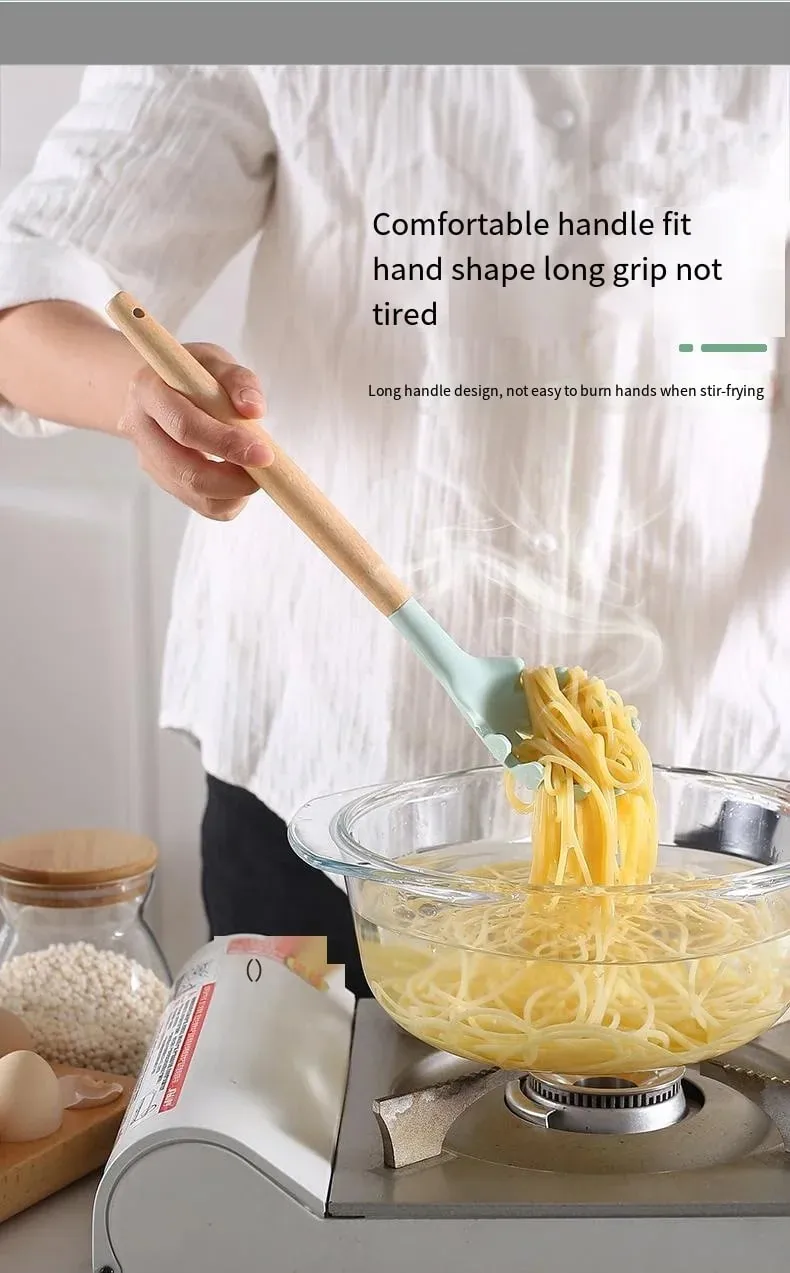12pcs Set of Multi-color Silicone Wooden Handle Kitchenware Set Non Stick Pot Spatula and Spoon Cooking Utensils Heat-resistant