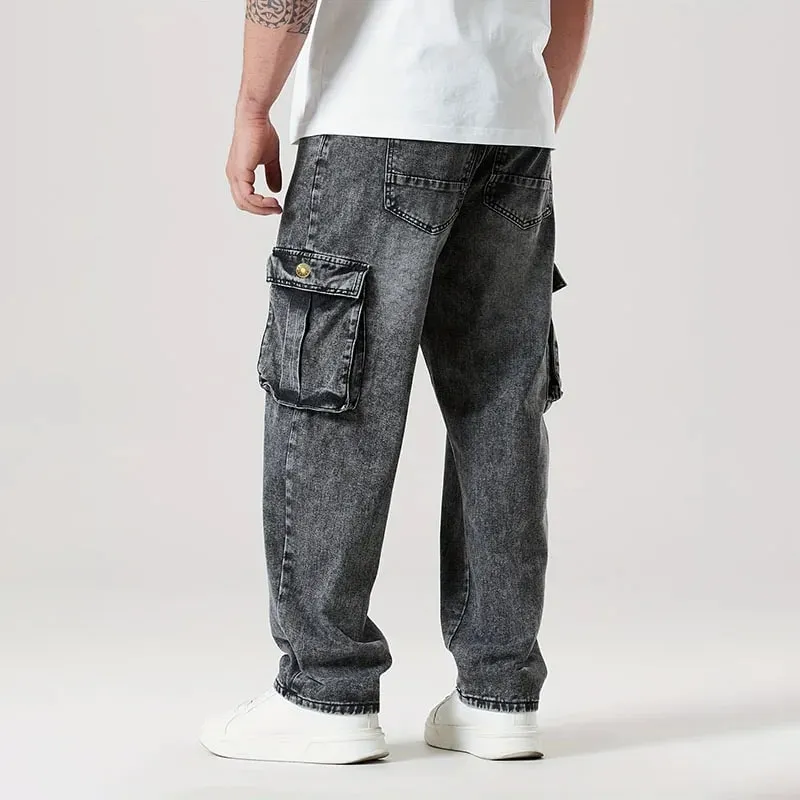 Korean Casual Comfortable Loose Fitting Jeans For Men Large Pocket Jeans Seasons Straight Leg Pants Work Pants