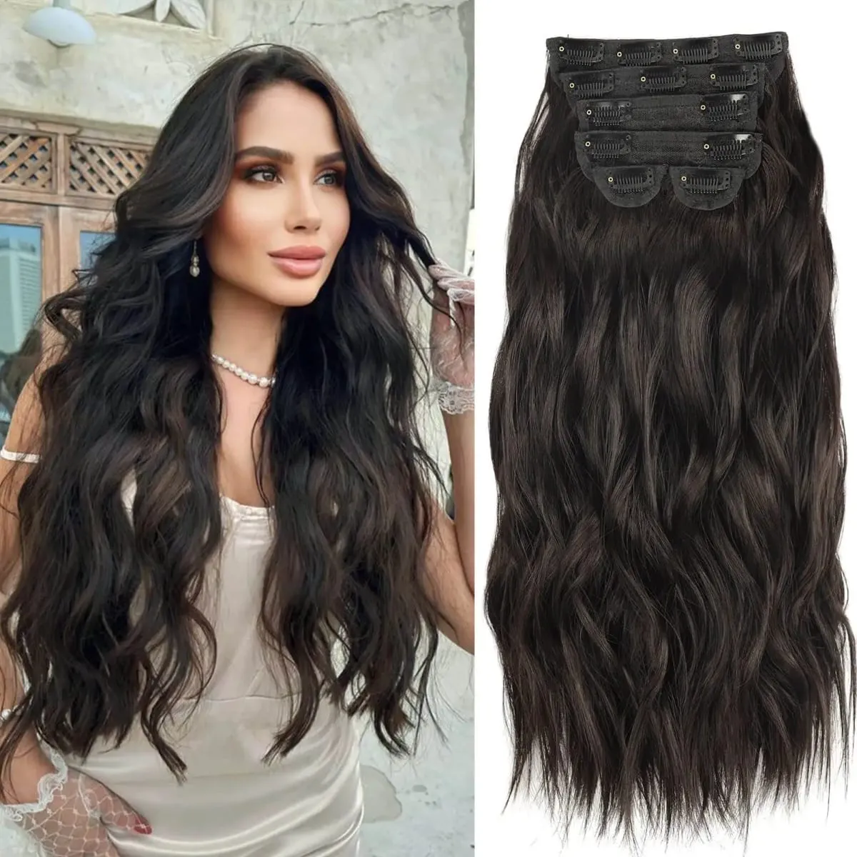 Synthetic Long Wavy Clip In Hair Extensions 20" Thick Hairpiece 6pcs/set For Women Brown Blonde Black Natural Fake Fiber Hair