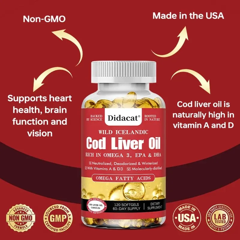 Cod Liver Oil Capsules Fish Oil Omega 3+ Vitamins A & D3 - Supports Heart Brain Vision & Joint Health