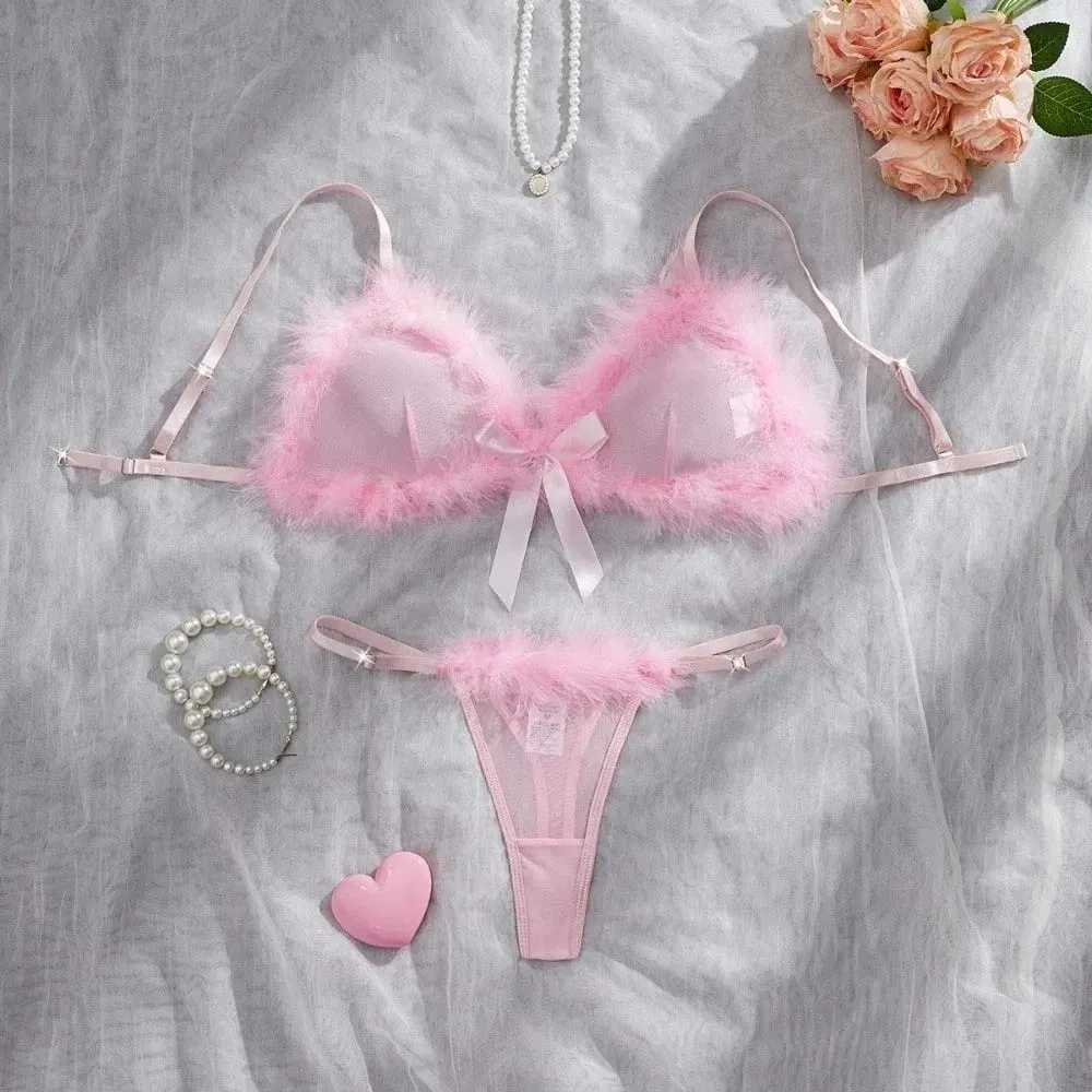 Underclothes Furry Women's Underwear Wireless Mesh Transparent Lingerie Set Romantic Intimate Bow Decor Bra Panties Suit Home
