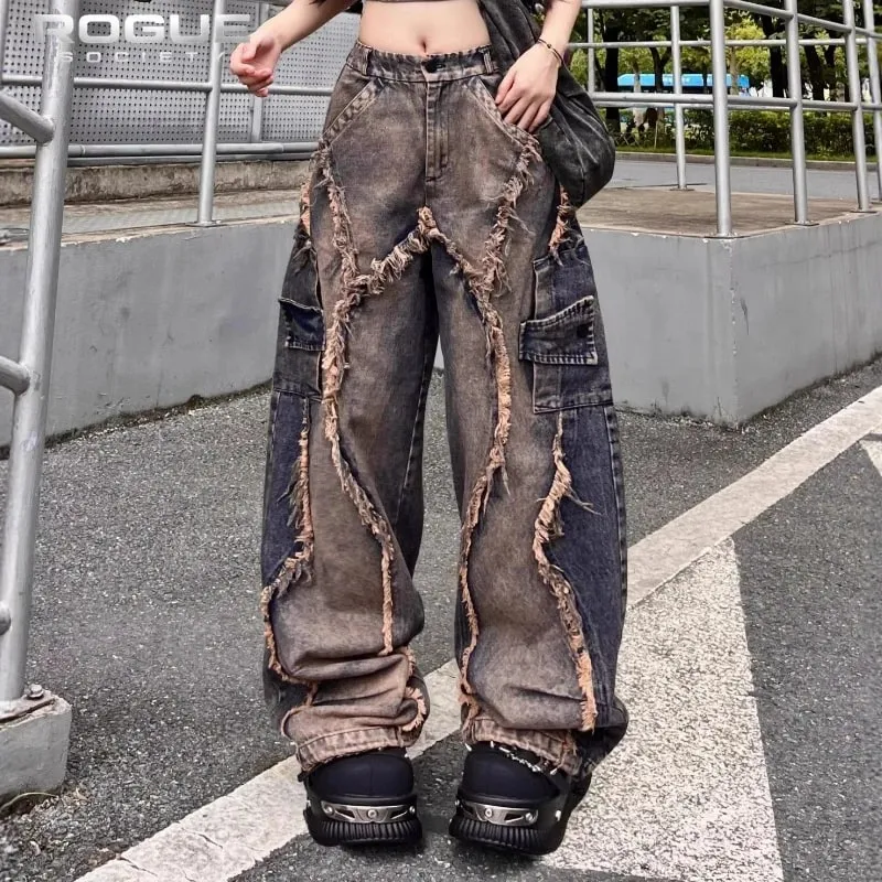 Y2K Grunge Deconstructed Distressed Jeans Unisex Patchwork Washed Wide Leg Denim Pants Hip Hop Streetwear Harajuku Punk Trousers — image 2
