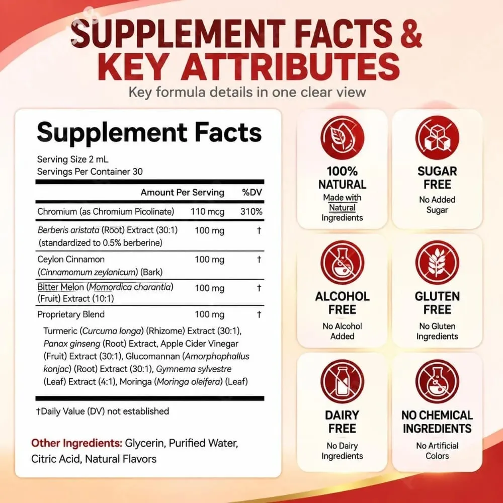 Berberine Liquid Drops Chromium & Ceylon Cinnamon Supports Vitality Metabolic Wellness Digestive Health Sugar-Free Non-GMO 60ml