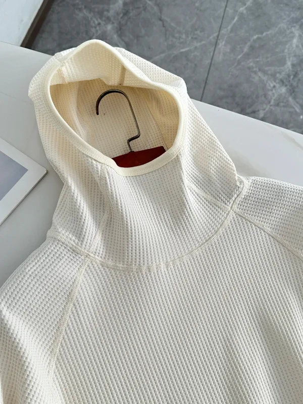 Lightweight Soft Elastic Waffle Grid Harajuku Style Half Face Hooded Loose Thin Sweatshirt Unisex Polyester Fiber Long Sleeve — image 4