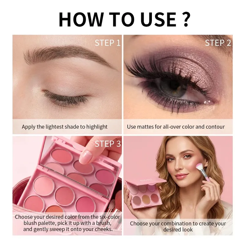 Matte Shimmer Nude Eyeshadow & 6 Tone Blush Powder Palette Langdurige mengbare gezichtsoogmake-upkit met applicatorborstels