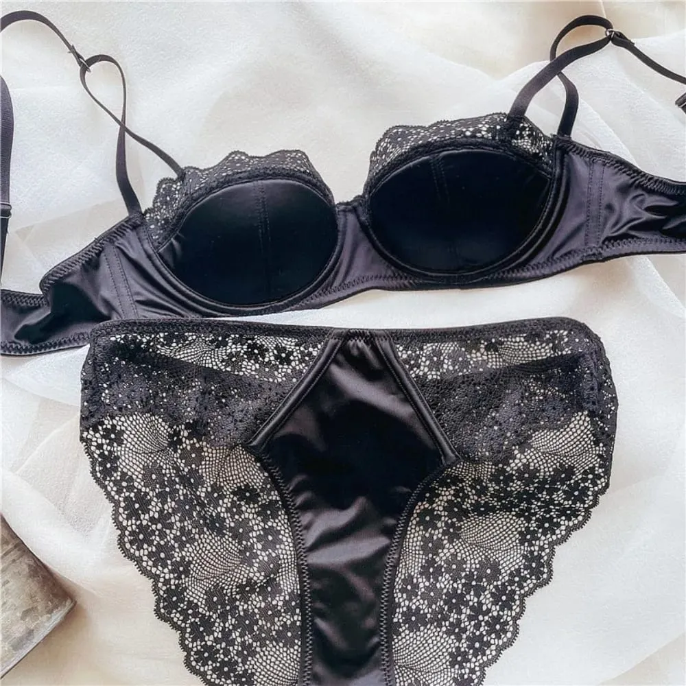 Women Half Cup Lace Bra Set Thin Underwire Sexy Minimizer Bra Anti‑Sag Side Support Hide Armpit Fat Ladies Lingerie Set 2‑38