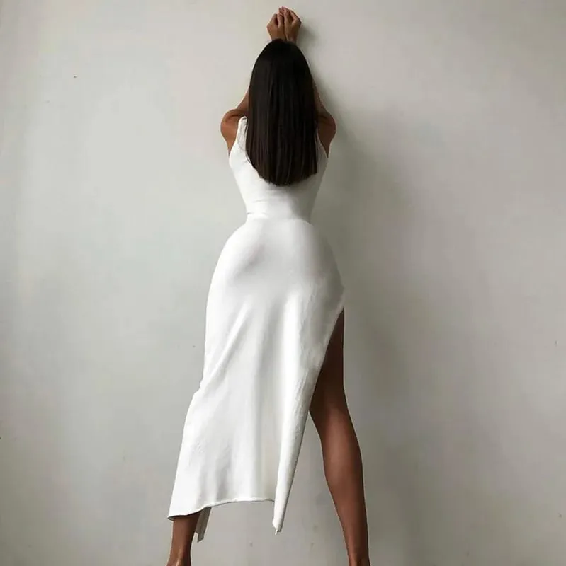 Y2k sem mangas laranja midi vestidos femininos fenda lateral gola alta configuração bodycon sexy festa elegante vestido 2024 básico vintage robe