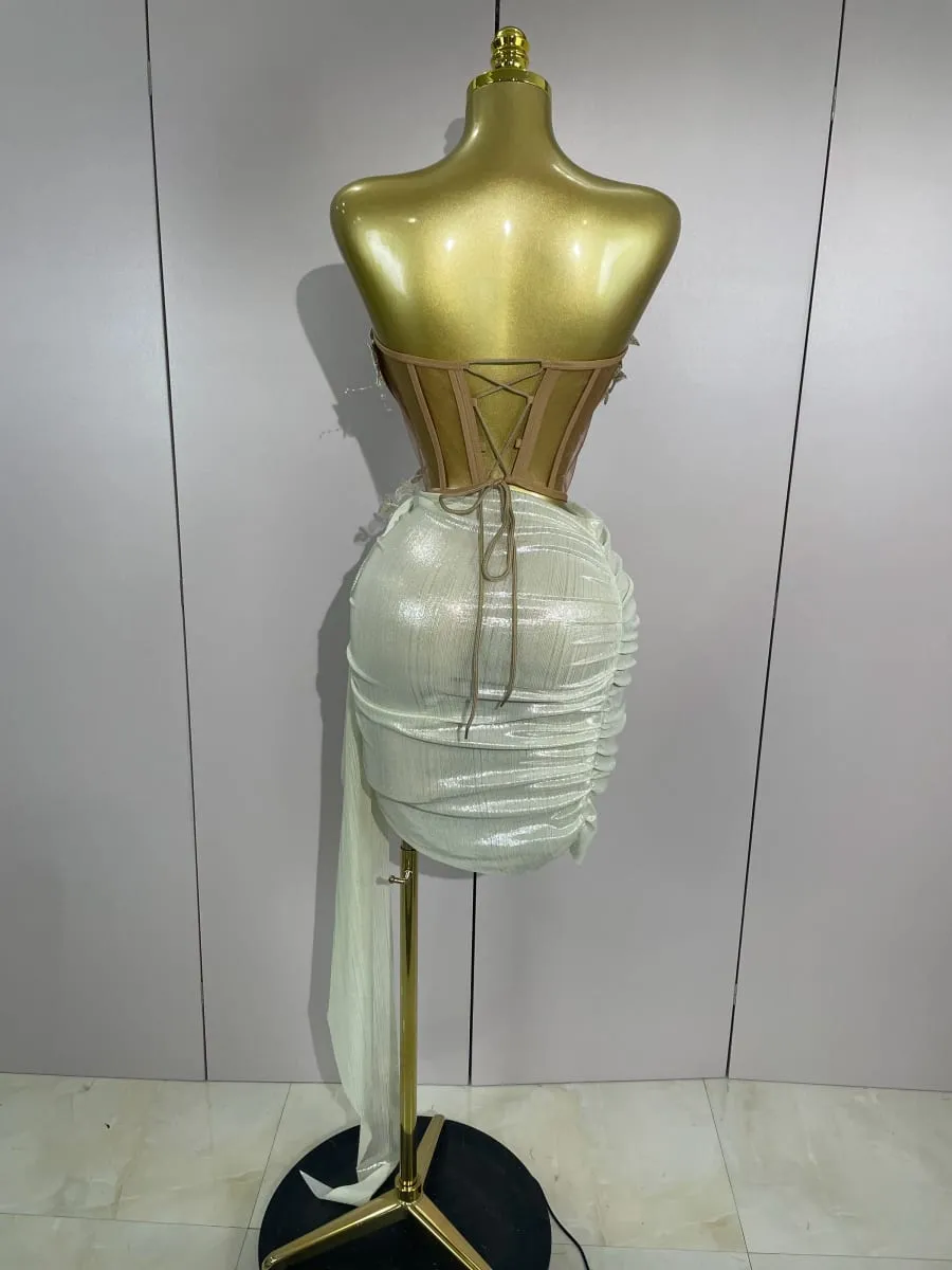 Luxe Shining Pearls Sexy Asymmetrische Rok 2 Stuks Set 2025 Vrouwen Avond Verjaardagsfeestje Podium Danser Prestaties Kostuum