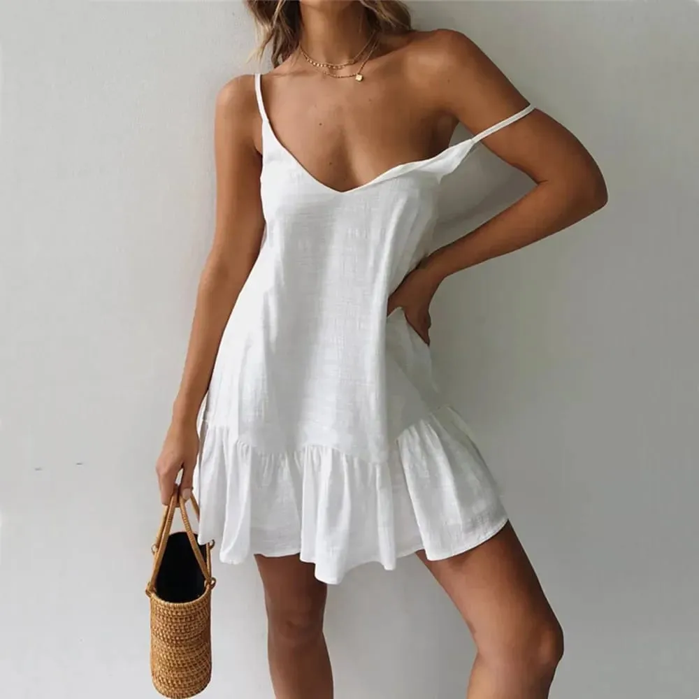 Dress Women Sexy Spaghetti Strap Ruffle Summer Dress 2026 Cotton Linen Vestidos Green Dresses Off Shoulder Sexy Mini Sundress — image 1