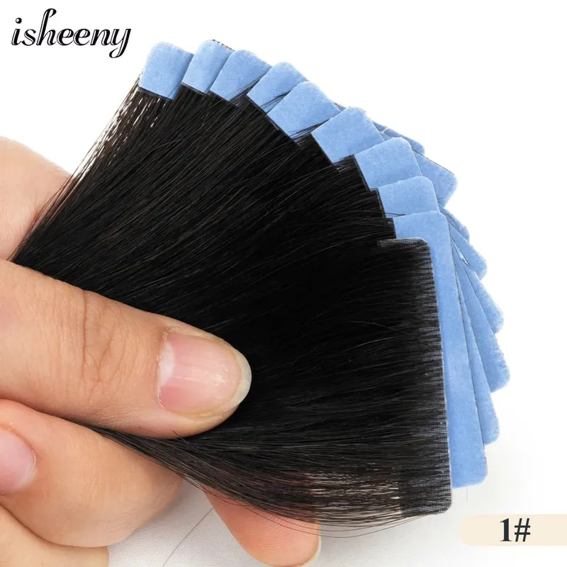 머리 확장에 Isheeny 보이지 않는 테이프 12 "16" 20 "피부 Weft 테이프 Ins 10pcs 자연 스트레이트 기계 레미 인간의 머리카락 제작
