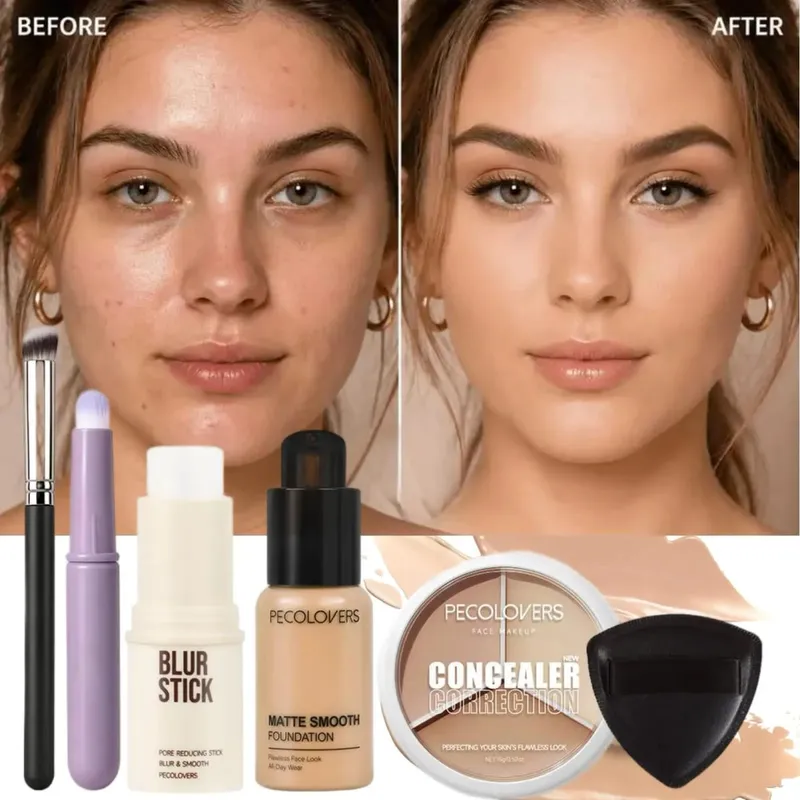 6PCS/SET Flawless Base Makeup Set - Pore Primer High-Coverage Full Coverage with Concealer BrushLightweight Liquid Foundation